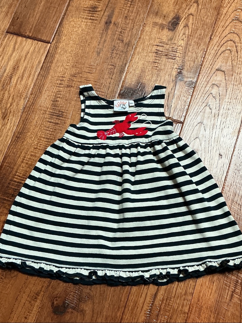 Girls Black & Cream Striped Tank Dress with Red Lobster Applique